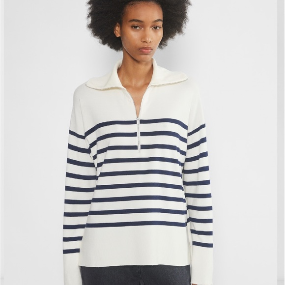 Babaton 2XS Cream and Navy Striped Merino Wool Sweater Preppy Quiet Luxury Soft - Picture 2 of 16